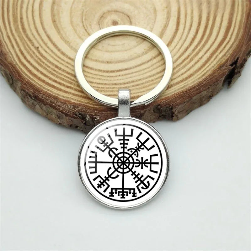 Nordic Viking Compass Keychain – Glass Pendant & Helmet Pattern