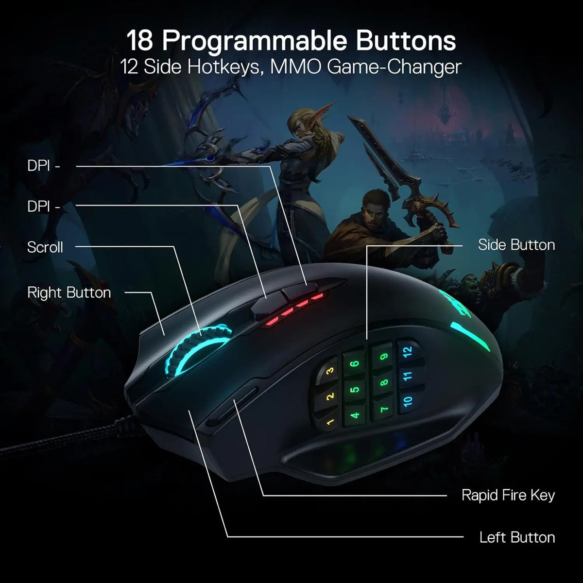 Redragon M908 RGB Gaming Mouse – 18 Programmable Buttons, 12400 DPI