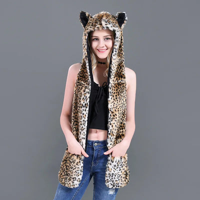 Faux Fur Animal Hat 3-in-1 – Wolf Hood with Scarf & Gloves