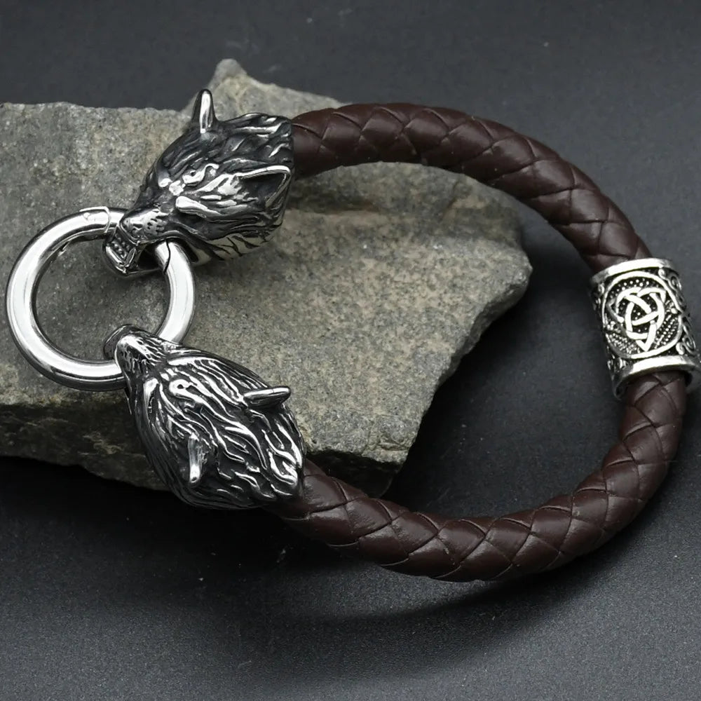 Viking Wolf Head Rune Bracelet – Stainless Steel & Leather