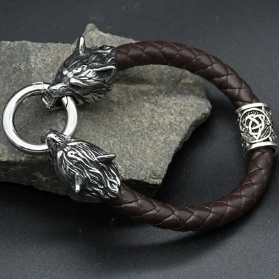 Viking Wolf Head Rune Bracelet – Stainless Steel & Leather