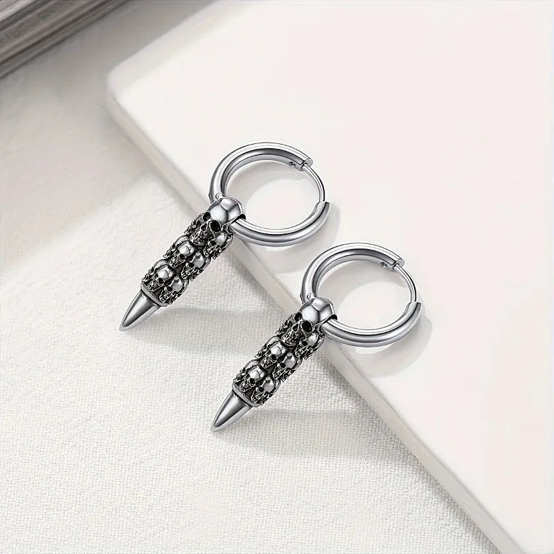 Skull Pendant Huggie Hoop Earrings | Stainless Steel Punk Gothic | Halloween Jewelry