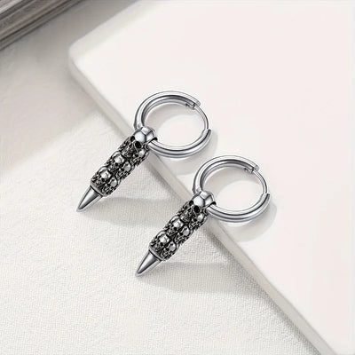 Skull Pendant Huggie Hoop Earrings | Stainless Steel Punk Gothic | Halloween Jewelry