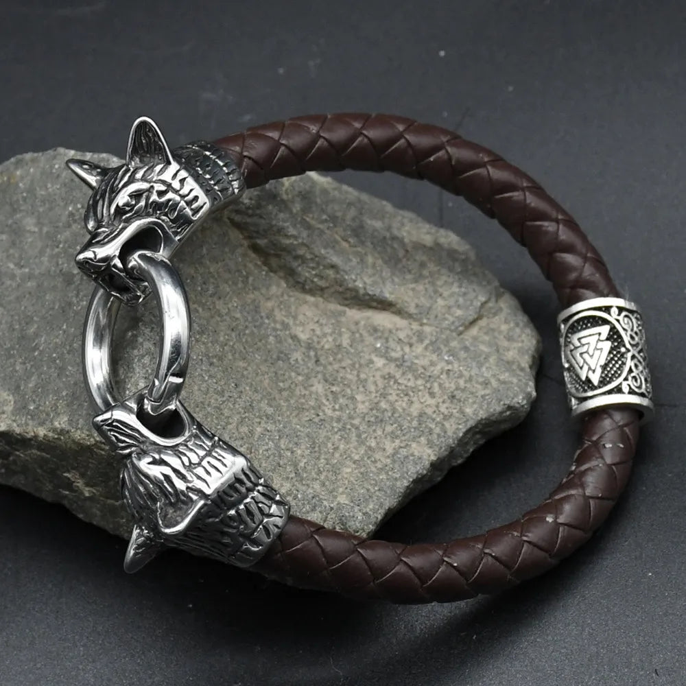 Viking Wolf Head Rune Bracelet – Stainless Steel & Leather