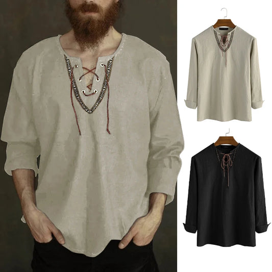 Long Sleeve Viking Tunic, Thin – Lace-Up Medieval Pirate Costume Shirt