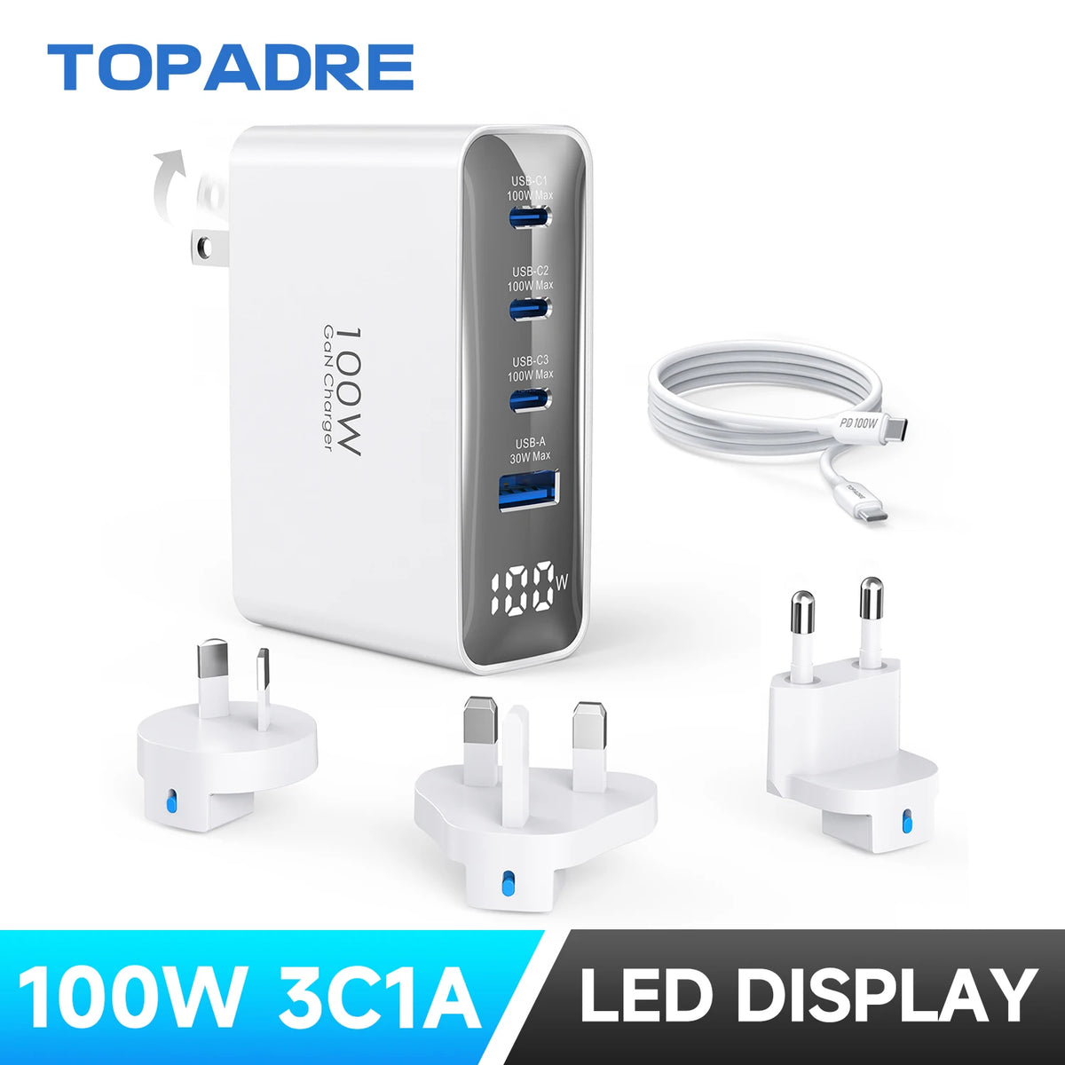 100W GaN Travel Charger – 4-Port Fast Charging Adapter (UK/EU/AU)