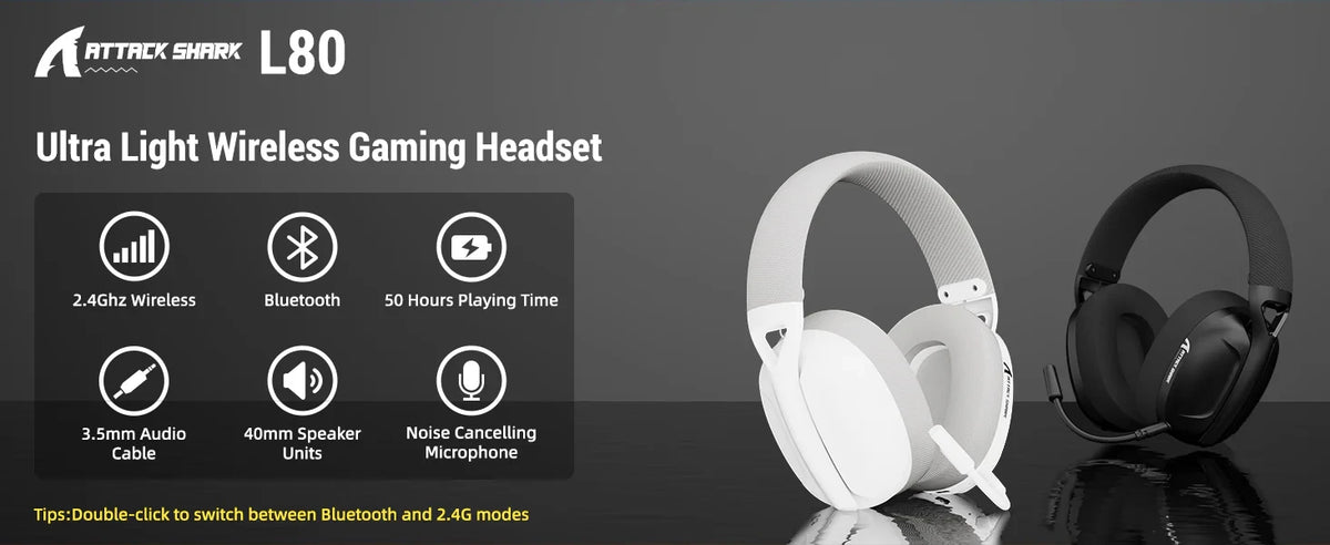 ATTACK SHARK L80 Ultra-Light Tri-Mode Gaming Headset – Wireless Gaming Headphones for PC, PS4, PS5, Switch & Xbox
