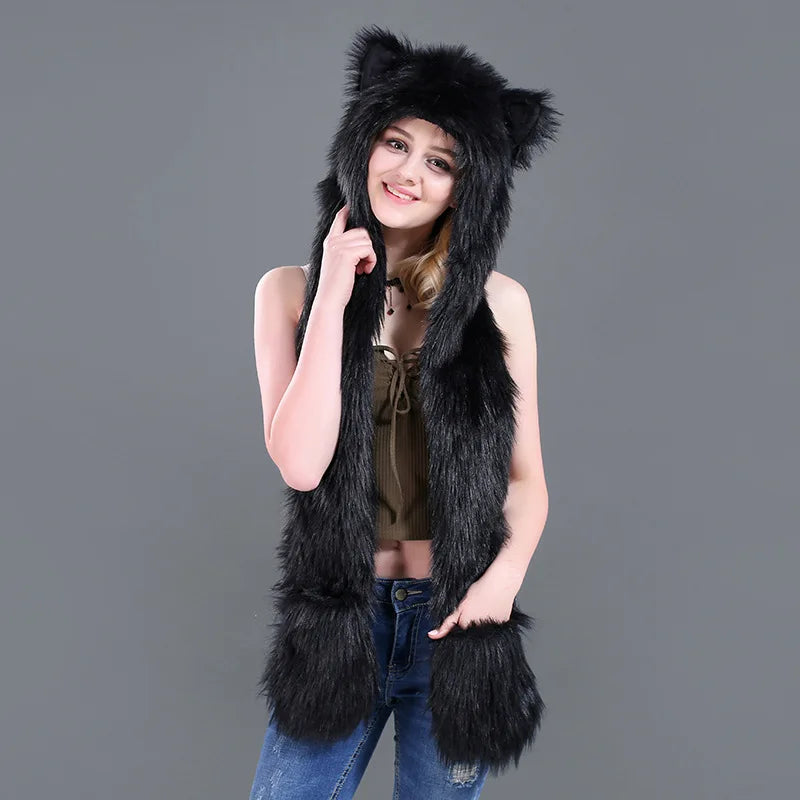 Faux Fur Animal Hat 3-in-1 – Wolf Hood with Scarf & Gloves