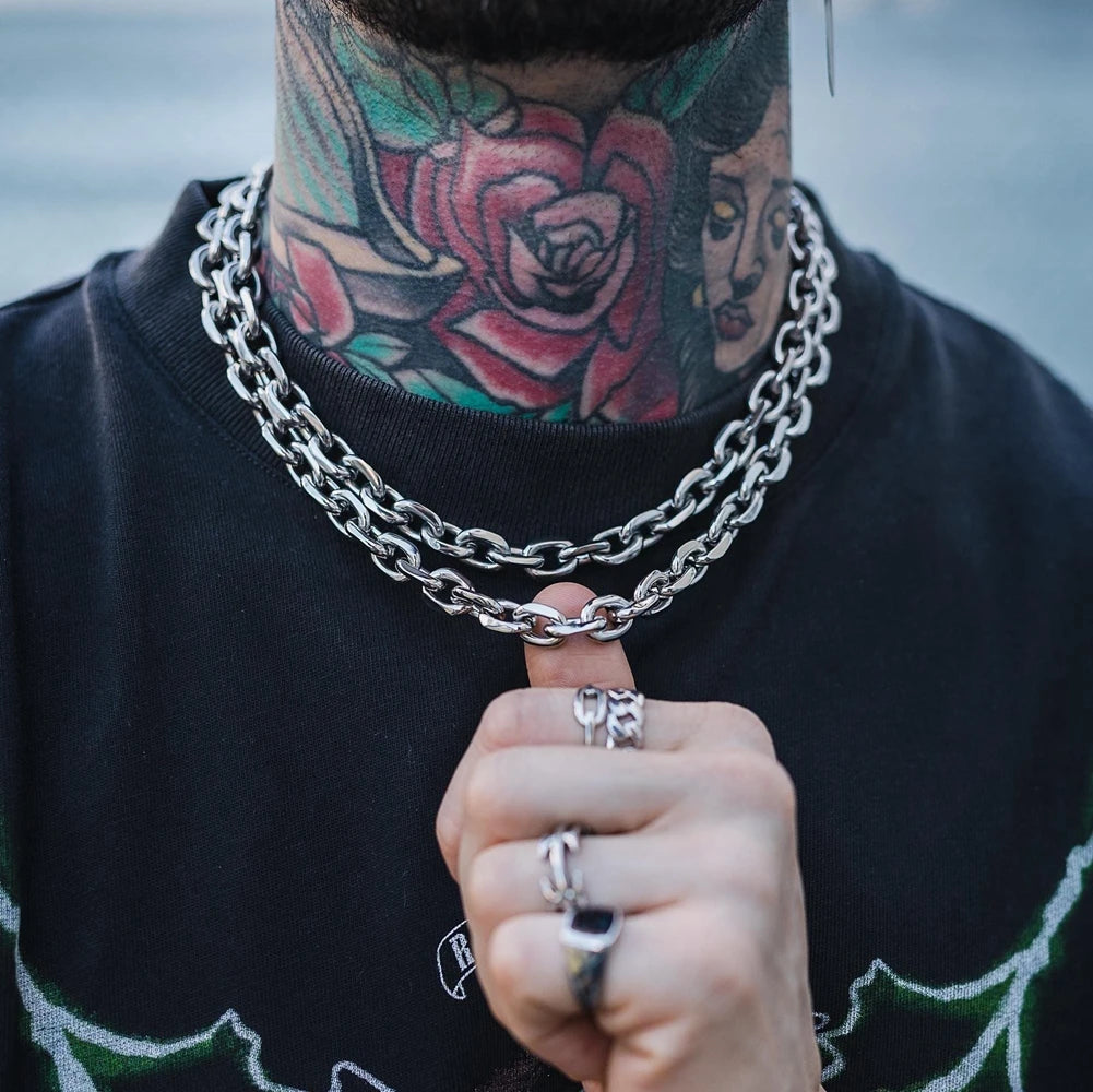 8mm Chunky Bevelled Cable Link Necklace – Stainless Steel Grunge Punk Gothic Gift for Him