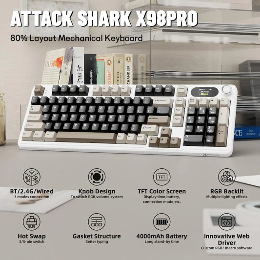 ATTACK SHARK X98Pro Wireless Mechanical Keyboard – Full Size, Tri-Mode, Hot-Swappable Gasket Design with RGB, Smart Screen & Multifunction Knob