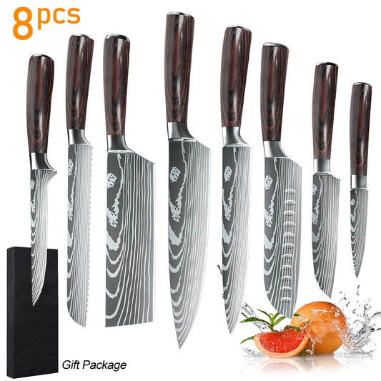 8PCS Kitchen Knife Set 7CR17 Stainless Steel – Chef, Cleaver, Slicing Knives