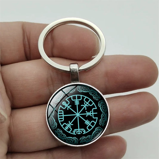 Nordic Viking Compass Keychain – Glass Pendant & Helmet Pattern