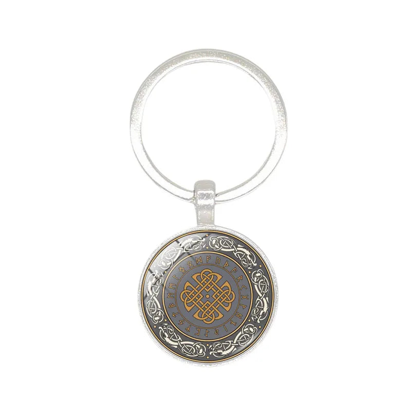 Nordic Viking Compass Keychain – Glass Pendant & Helmet Pattern