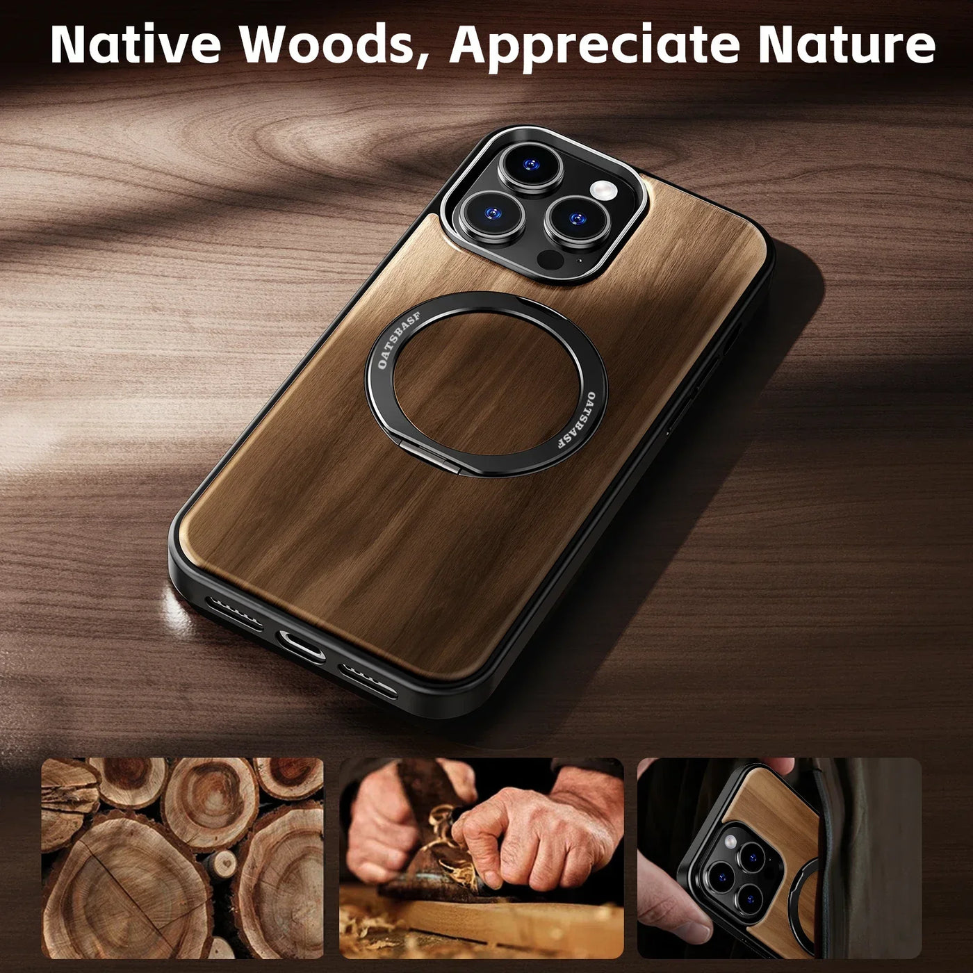 Eary Wooden MagSafe Case – 360° Kickstand, Shockproof Protection (For iPhone 15/16 Pro & Pro Max)