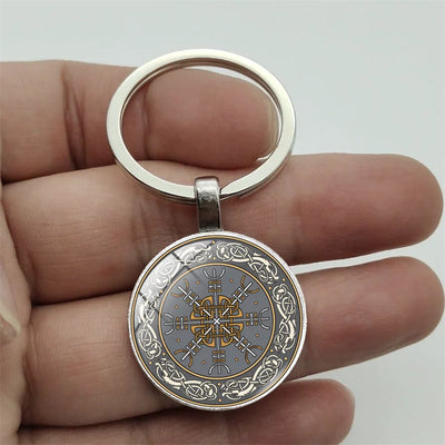 Nordic Viking Compass Keychain – Glass Pendant & Helmet Pattern