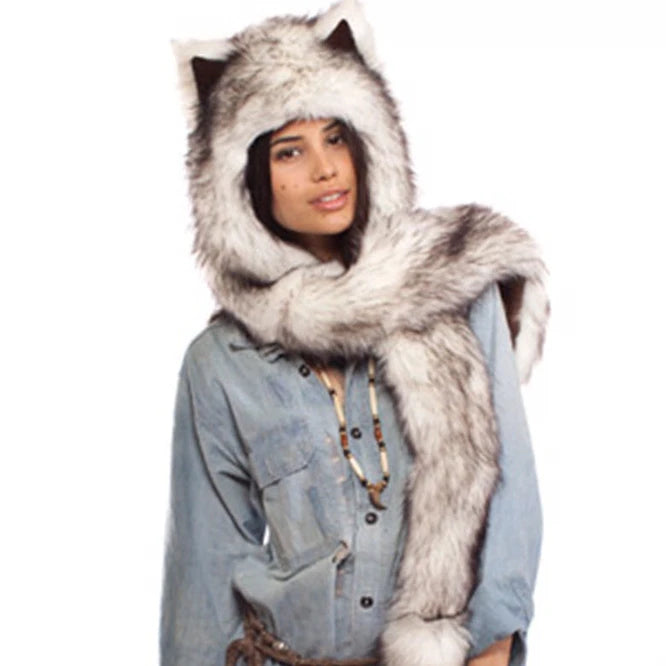 Faux Fur Animal Hat 3-in-1 – Wolf Hood with Scarf & Gloves