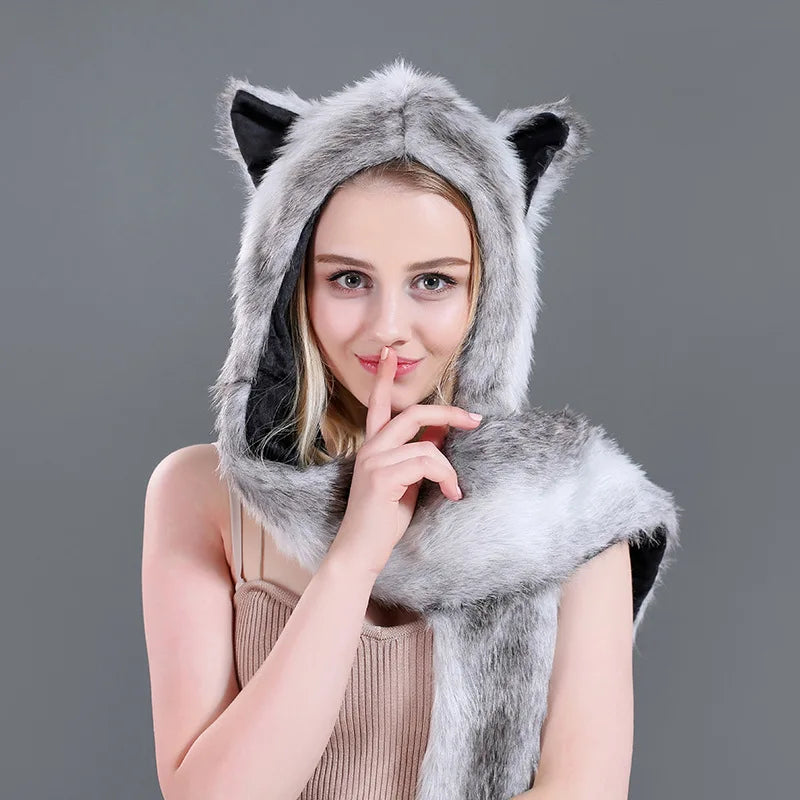 Faux Fur Animal Hat 3-in-1 – Wolf Hood with Scarf & Gloves