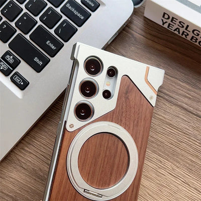 Walnut Wood & Metal Armor Case – 360° Magnetic Stand (For Galaxy S22/S23/S24/S25 Ultra)