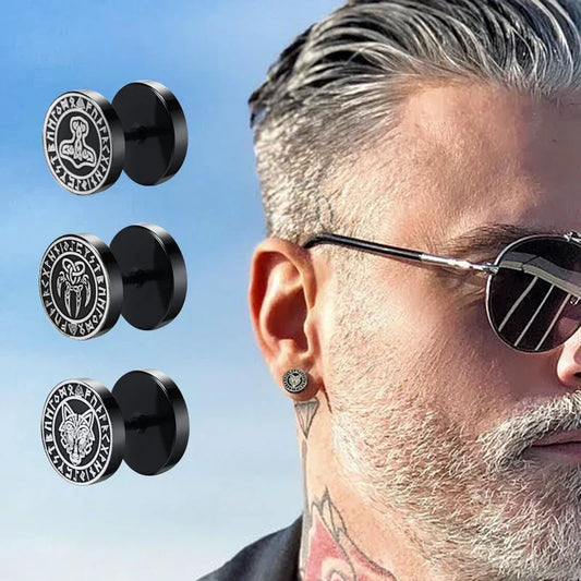 Viking Rune Earrings ⚔️ Stainless Steel Wolf &amp; Compass – Gothic Punk Jewelry for Men