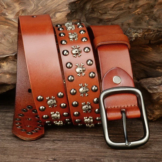 Skull Rider Leather Belt 💀 Premium Cowhide - Vintage Metal Buckle Men's Designer Belt