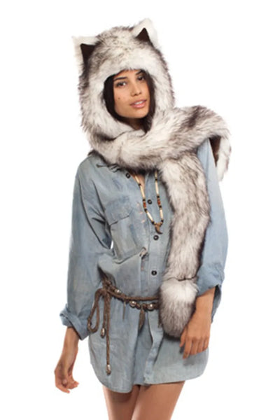 Faux Fur Animal Hat 3-in-1 – Wolf Hood with Scarf & Gloves