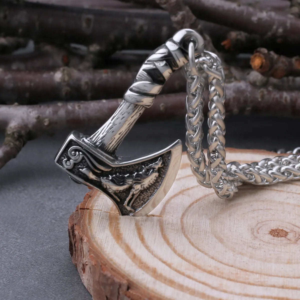 Viking Wolf & Crow Axe Pendant