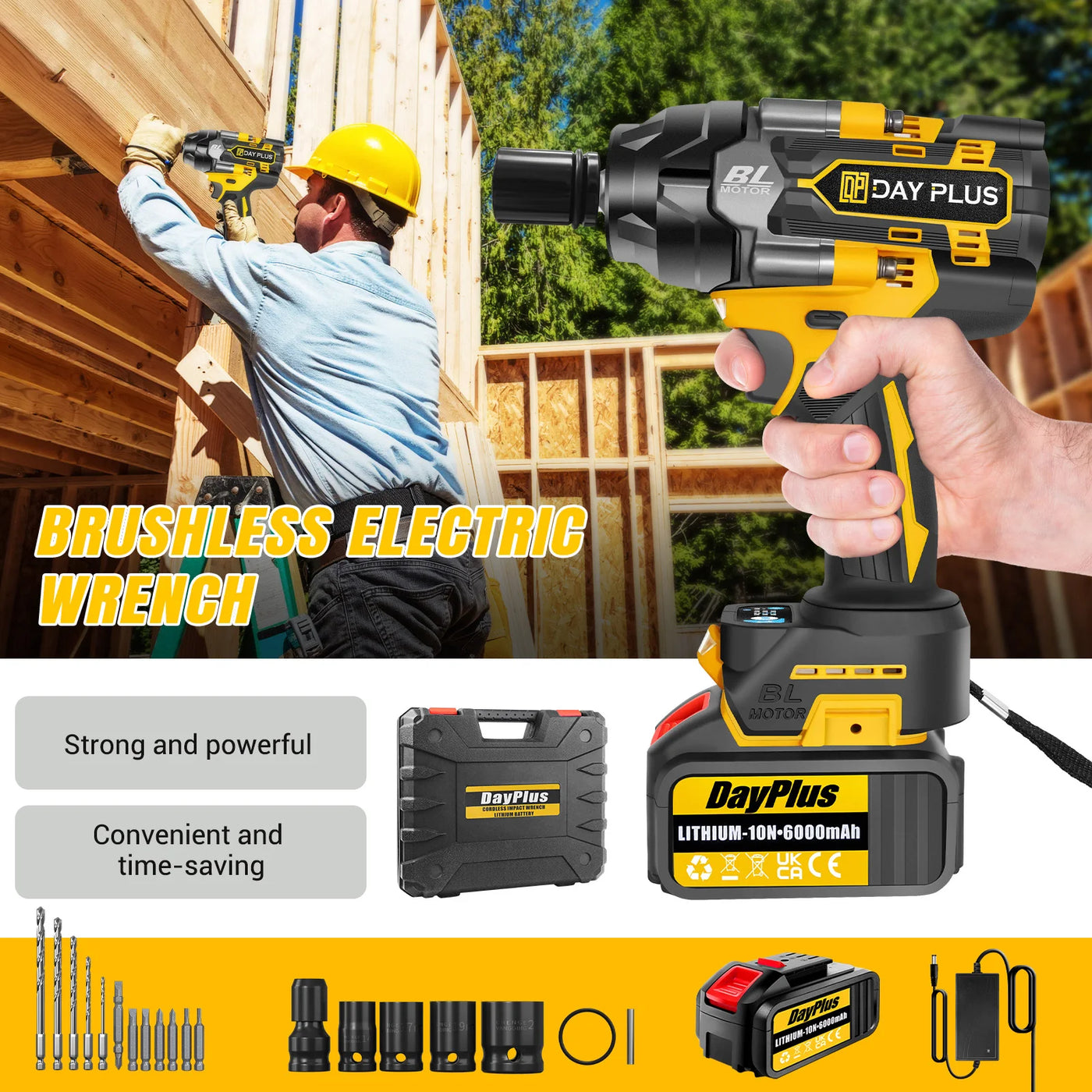 DayPlus 3in1 1500Nm Brushless Impact Wrench 1/2" + 6.0Ah Battery
