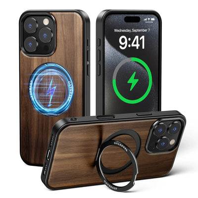 Eary Wooden MagSafe Case – 360° Kickstand, Shockproof Protection (For iPhone 15/16 Pro & Pro Max)