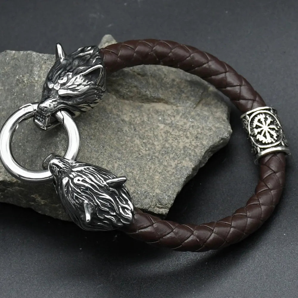 Viking Wolf Head Rune Bracelet – Stainless Steel & Leather