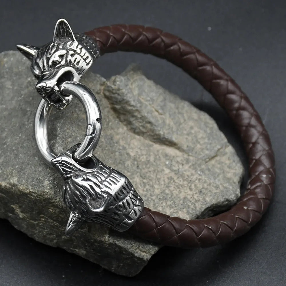 Viking Wolf Head Rune Bracelet – Stainless Steel & Leather