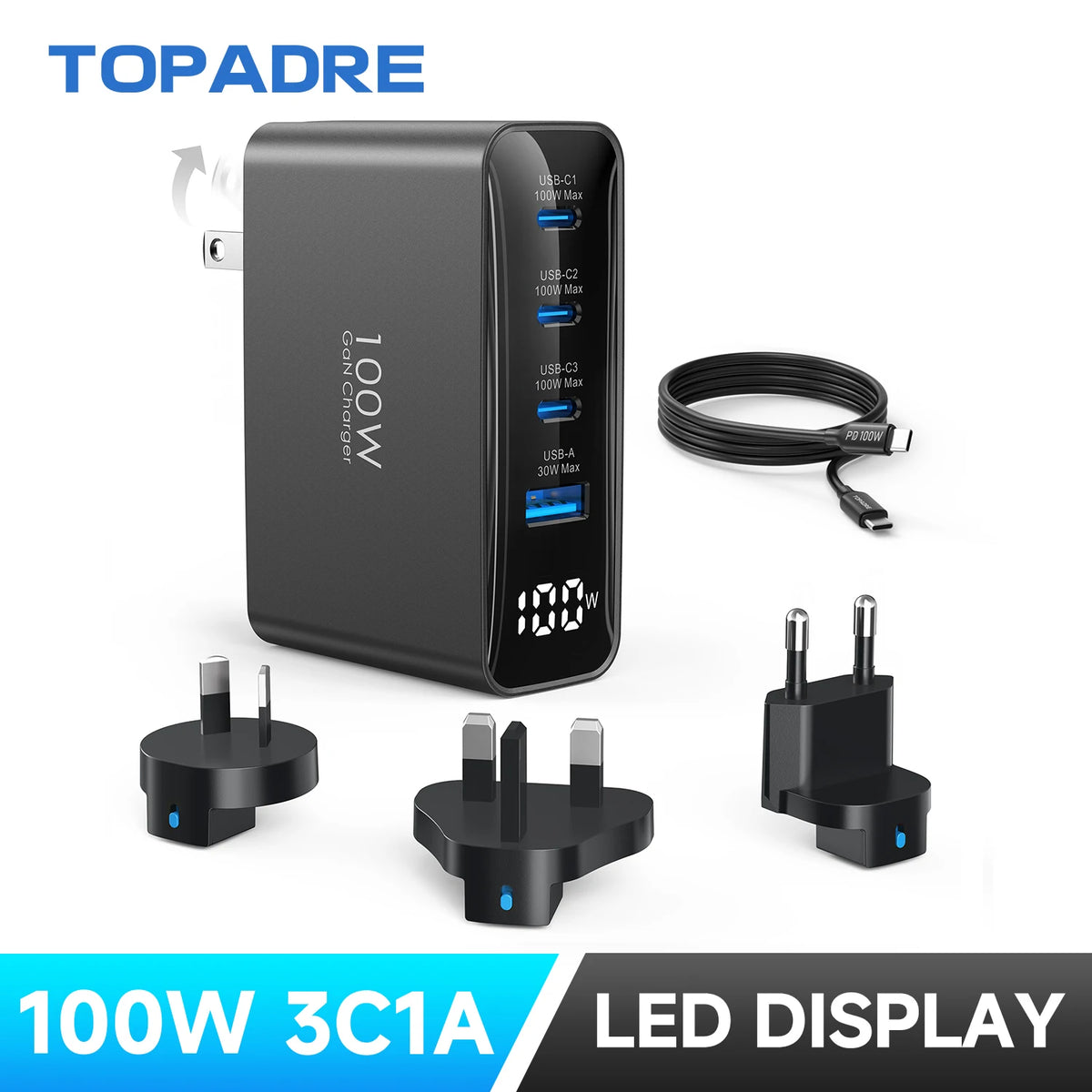 100W GaN Travel Charger – 4-Port Fast Charging Adapter (UK/EU/AU)