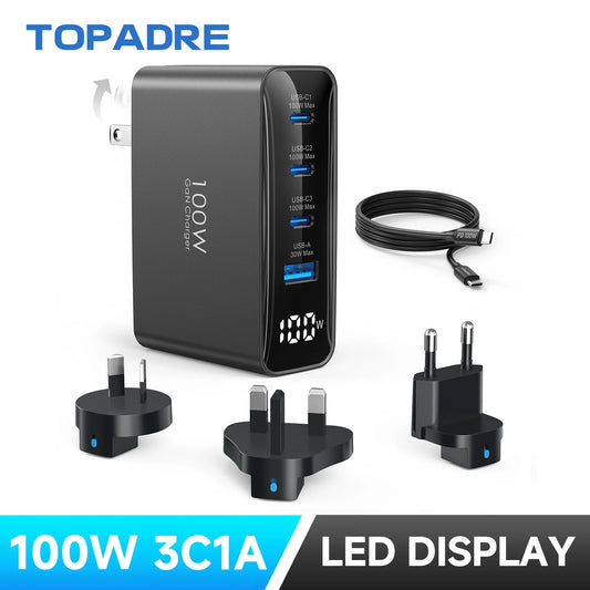 100W GaN Travel Charger – 4-Port Fast Charging Adapter (UK/EU/AU)