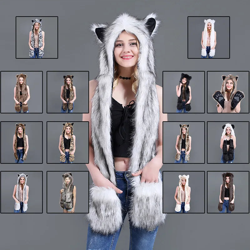 Faux Fur Animal Hat 3-in-1 – Wolf Hood with Scarf & Gloves