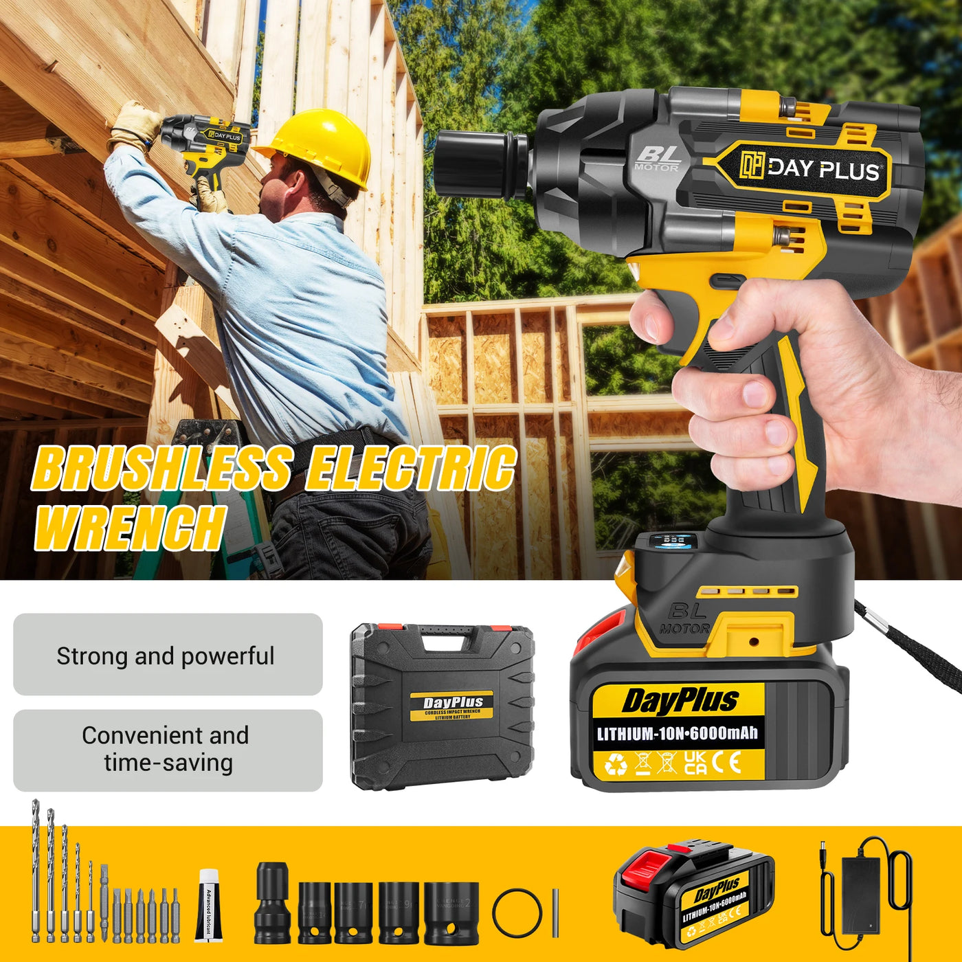 DayPlus 3in1 1500Nm Brushless Impact Wrench 1/2" + 6.0Ah Battery