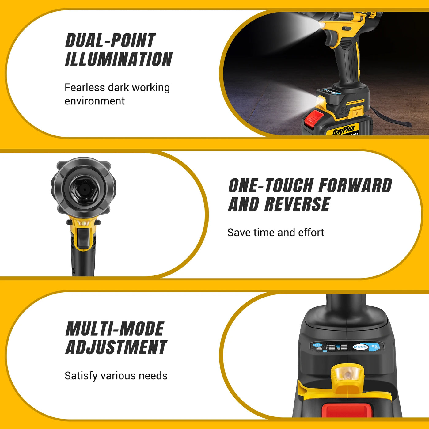 DayPlus 3in1 1500Nm Brushless Impact Wrench 1/2" + 6.0Ah Battery