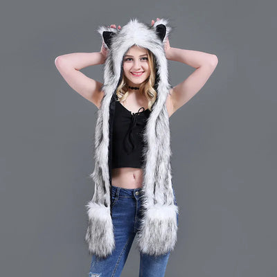 Faux Fur Animal Hat 3-in-1 – Wolf Hood with Scarf & Gloves