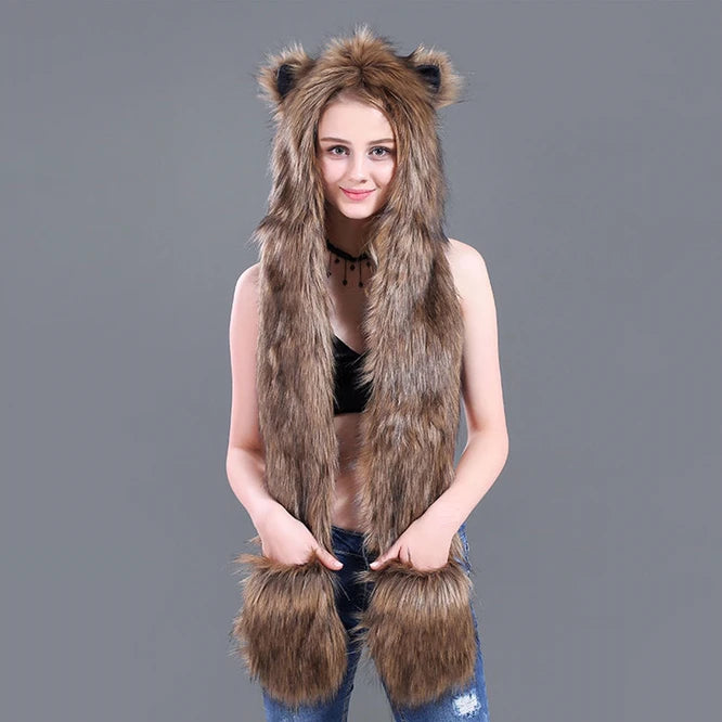 Faux Fur Animal Hat 3-in-1 – Wolf Hood with Scarf & Gloves