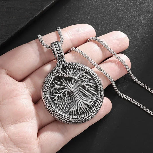 Retro Domineering Ouroboros Tree of Eternity Pendant Necklace
