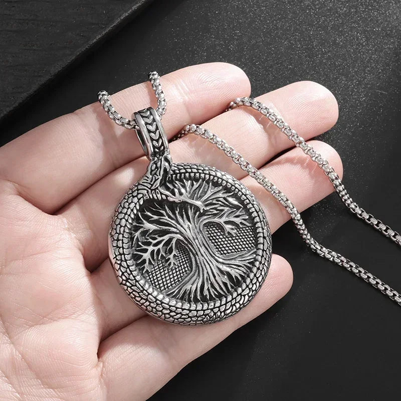 Retro Domineering Ouroboros Tree of Eternity Pendant Necklace