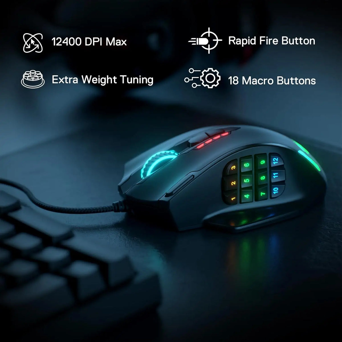 Redragon M908 RGB Gaming Mouse – 18 Programmable Buttons, 12400 DPI