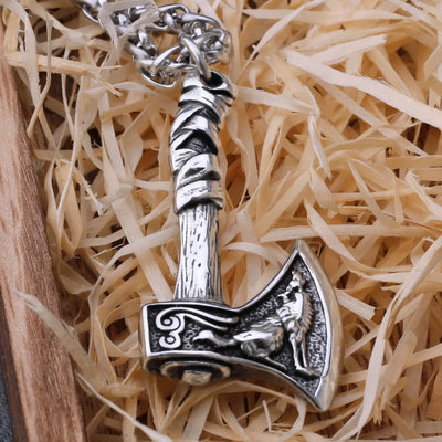 Viking Wolf & Crow Axe Pendant