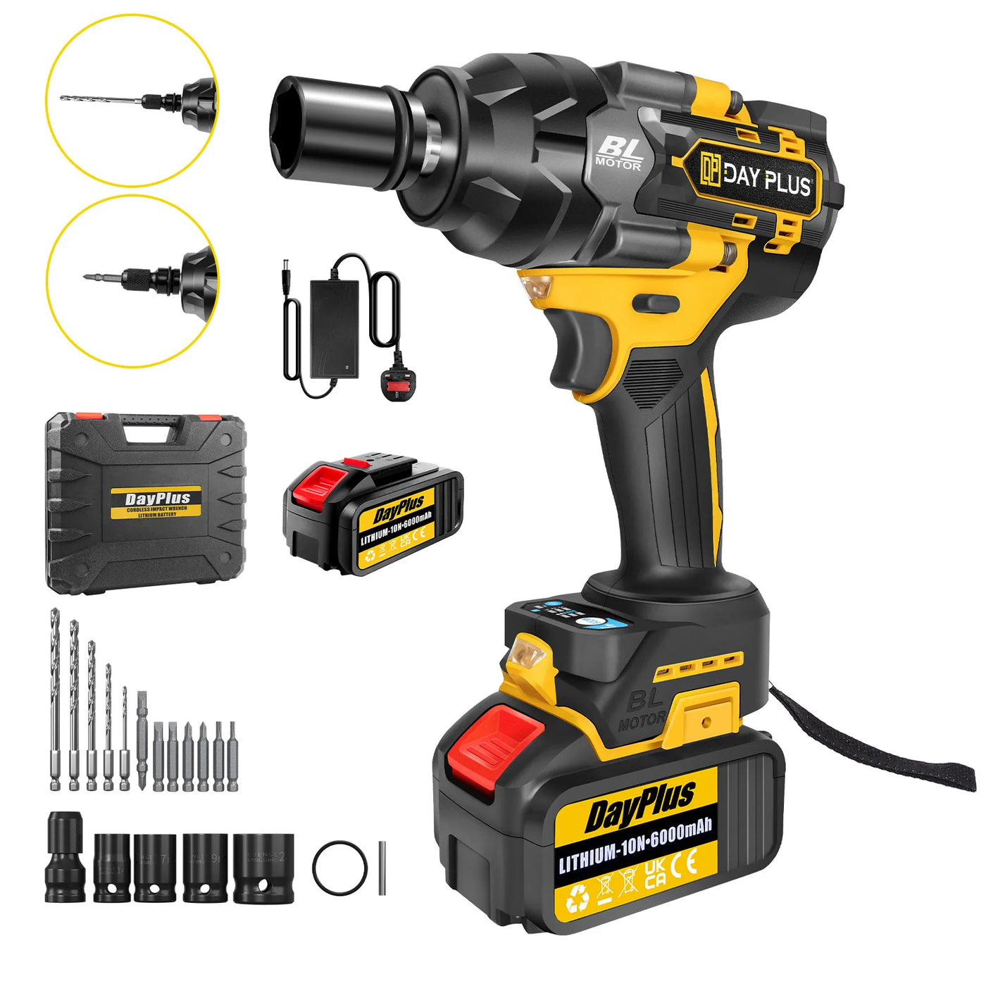 DayPlus 3in1 1500Nm Brushless Impact Wrench 1/2" + 6.0Ah Battery