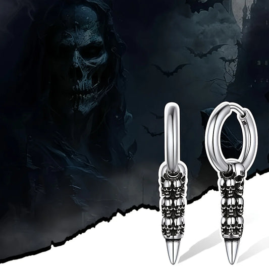 Skull Pendant Huggie Hoop Earrings | Stainless Steel Punk Gothic | Halloween Jewelry