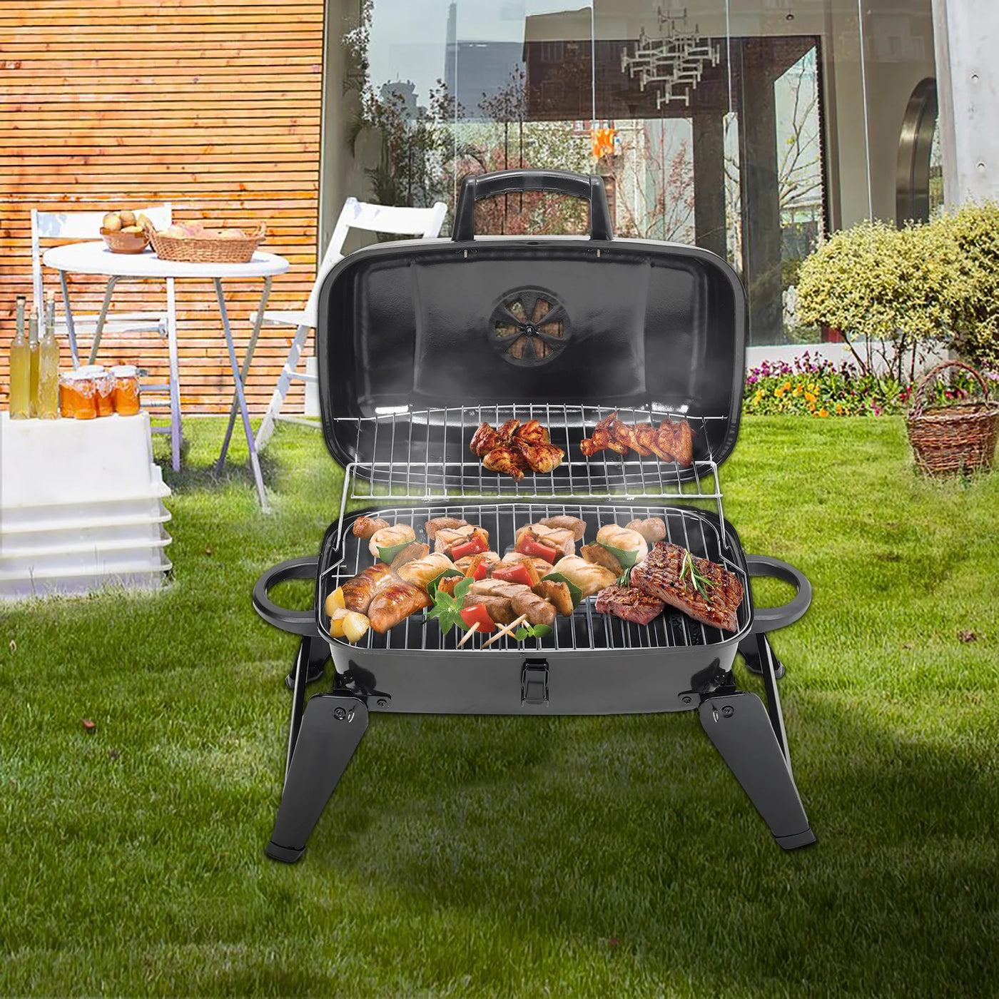 Portable Charcoal Grill BBQ for Outdoor Patio, 68cm W x 34cm D x 36cm H