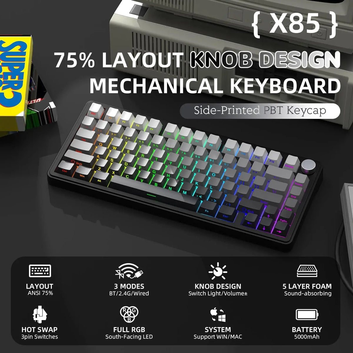 ATTACK SHARK X85 Wireless Mechanical Gaming Keyboard – TKL 82 Keys, Gasket Structure, RGB Hot-Swappable, Knob, Customizable