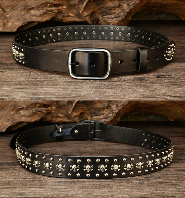Skull Rider Leather Belt 💀 Premium Cowhide - Vintage Metal Buckle Men's Designer Belt