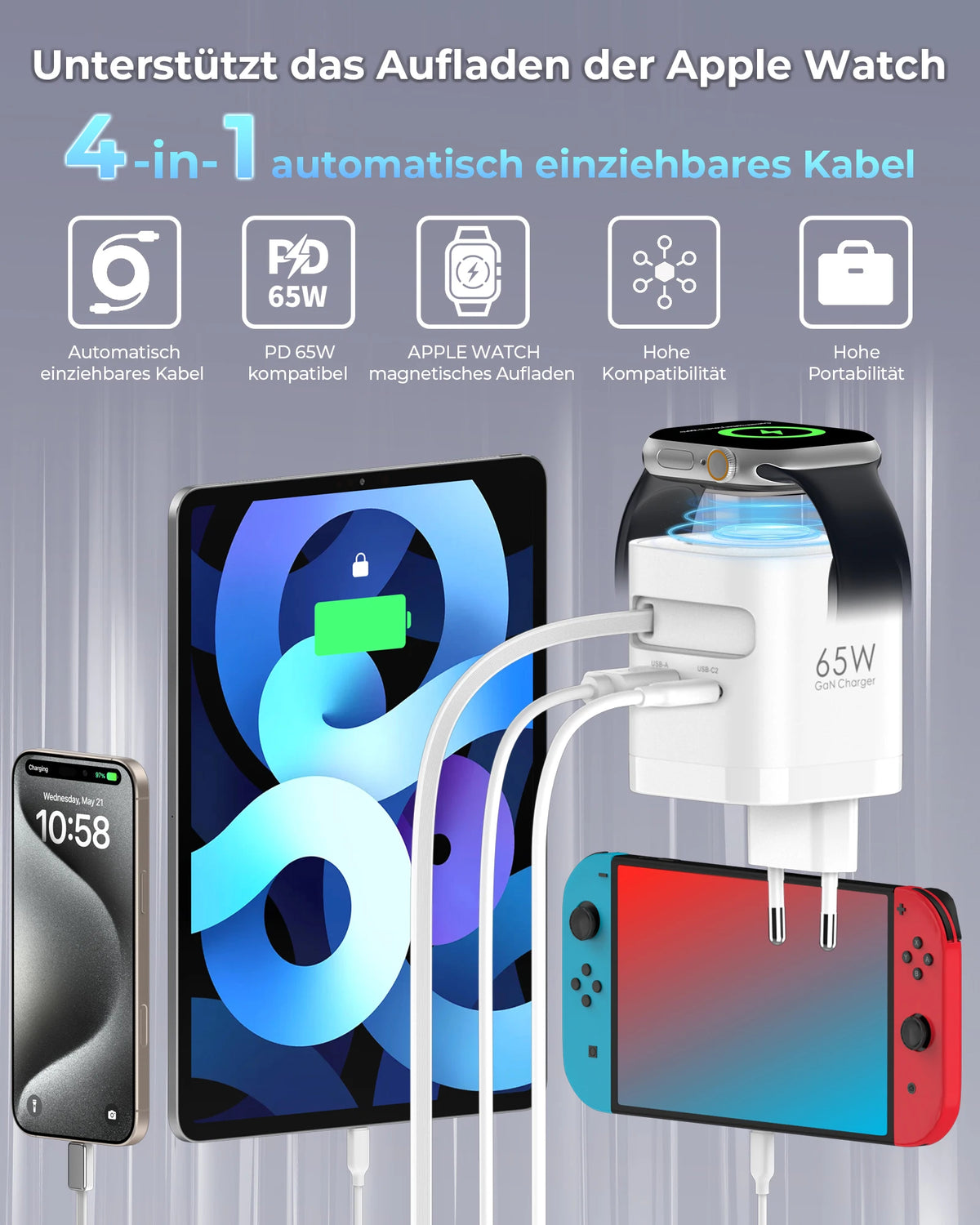 65W Retractable GaN Charger – 3-in-1 Wireless Power for Apple Devices