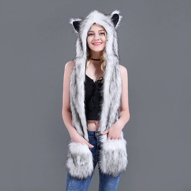 Faux Fur Animal Hat 3-in-1 – Wolf Hood with Scarf & Gloves