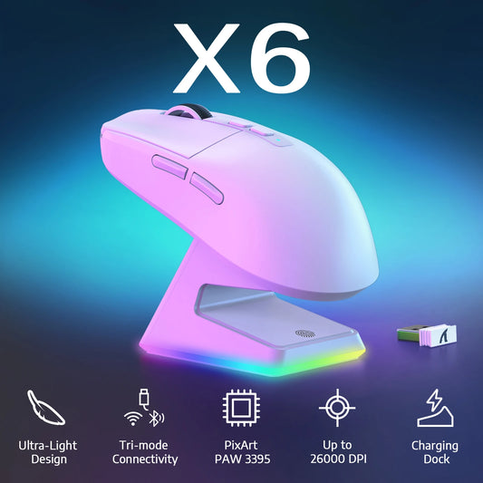ATTACK SHARK X6 49g Superlight Wireless Gaming Mouse with Magnetic Charging Dock, 26,000 DPI PAW3395 Sensor, BT/2.4G/Wired Tri-Mode