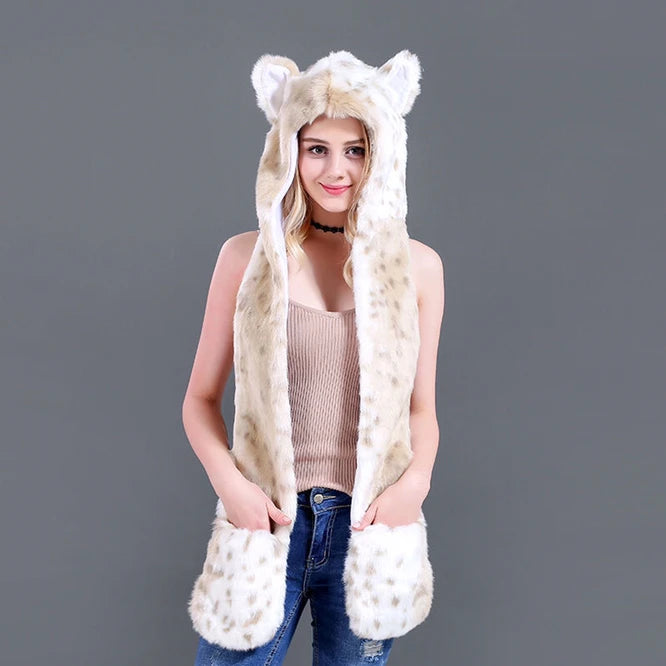 Faux Fur Animal Hat 3-in-1 – Wolf Hood with Scarf & Gloves